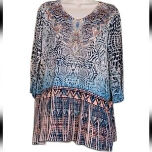 Women's New Directions Medium Top Blue Combo Knits 3/4 Sleeves Beaded $40 New